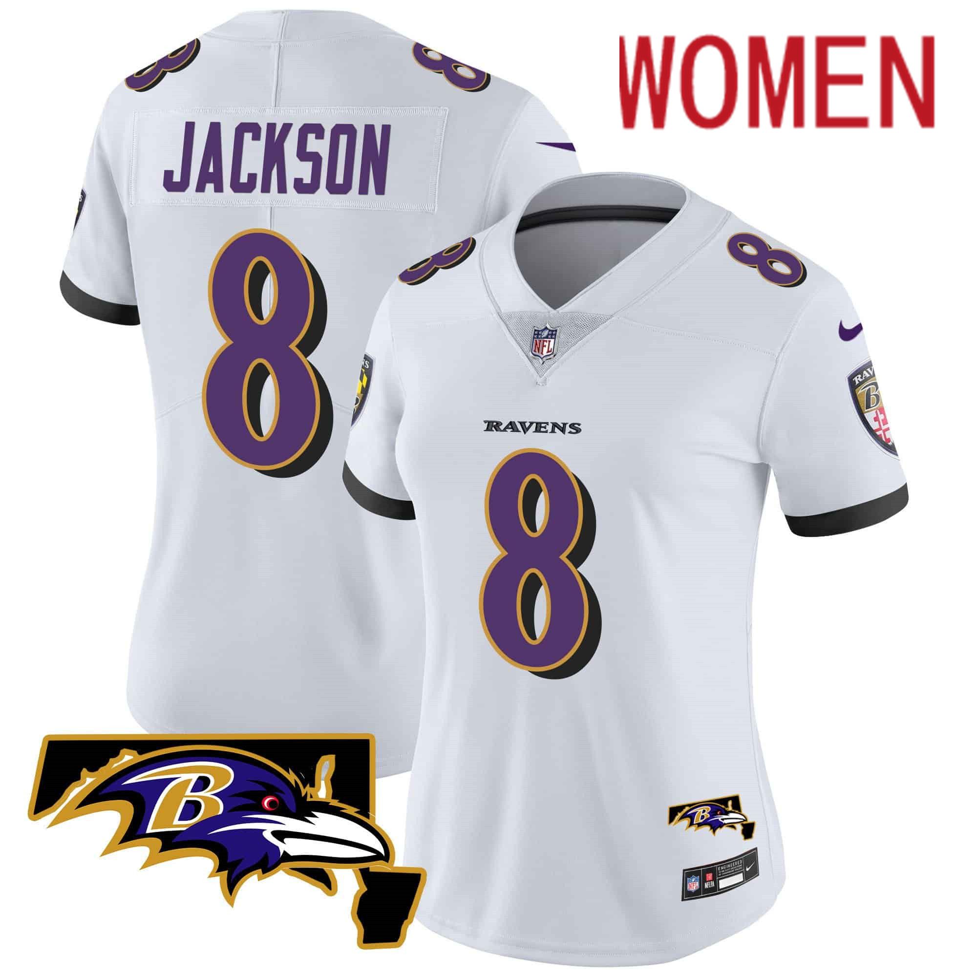 Women Baltimore Ravens 8 Jackson White 2024 Nike Maryland Patch Vapor Limited NFL Jersey